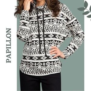 Papillon Mock Neck Aztec Print Pullover Black Cream Long Sleeve Size Medium